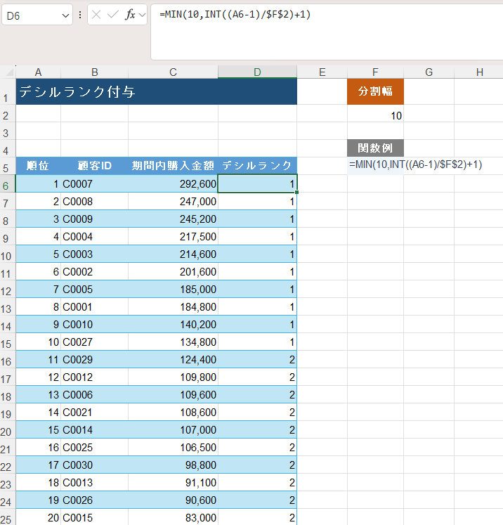 Excelで購入金額順の顧客リストにデシルランクを割り当てる方法